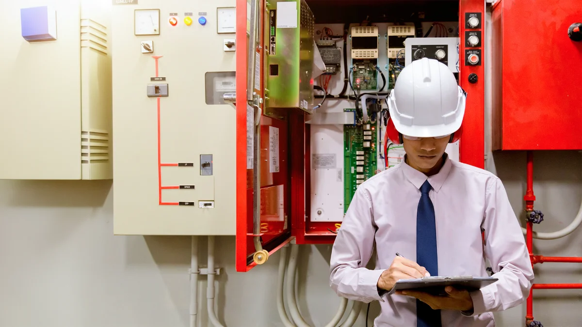 Technician performing a fire alarm inspection at a control panel