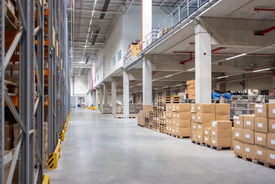 Warehouse interior protected by a fire alarm system